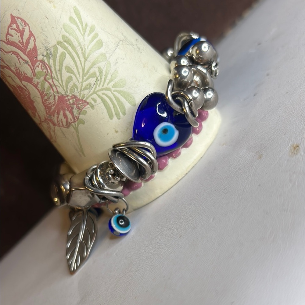 Silver Tone & Evil Eye Charm Bracelet